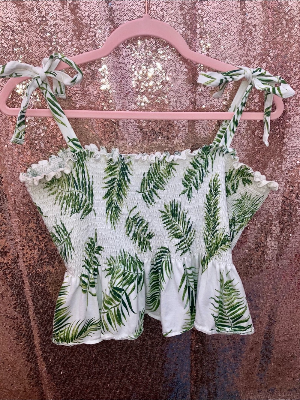 H&M White Smocked Camisole with Green Palm Print and Tie Straps